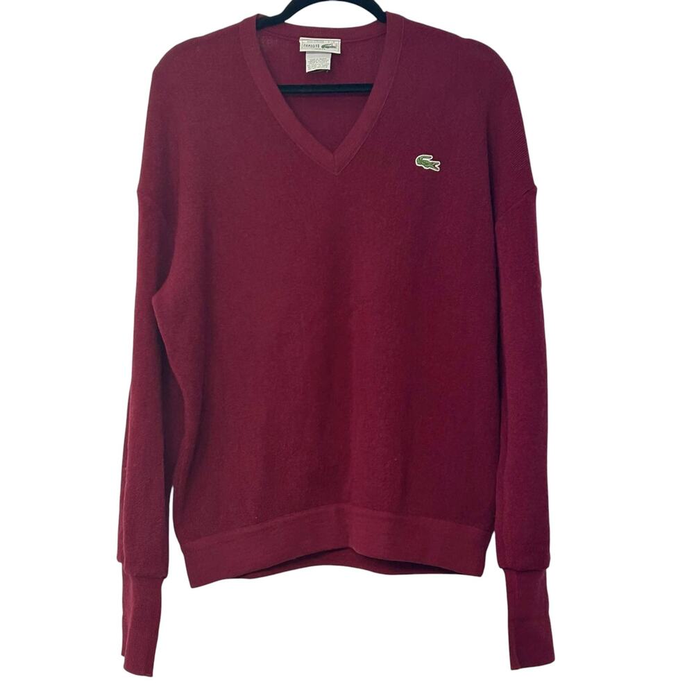 Vintage Lacoste Chemise Wool V Neck Sweater Made in France Size 4 Burgundy